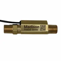 Brass piston flow switch with 3/8 in NPT connections for 3/8 in pipe size. Fixed set point, normally open SPST switch, DC contact rating 0.28 A at 24 VDC. Used to detect liquid flow in industrial piping systems for applications such as HVAC, water treatment, and process control