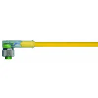 Single-ended cordset with a 5-pin female M12 right-angle connector on one end and bare wire on the other. Features a yellow PUR jacket for flexibility and resistance in twisting applications. Cable length 5 m, wire size 22 AWG, rated 4 A, IP67