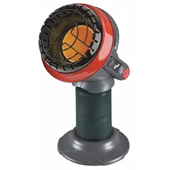 This portable gas table-top heater from MR. HEATER delivers 3,800 BtuH of heat output, covering up to 95 sq ft. Its cylindrical red housing measures 12 in high by 10-3/8 in wide by 10 in deep. Suitable for spot heating in small indoor or outdoor areas such as workshops, garages, patios, or campsites.