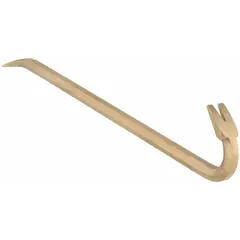 This 36-inch wrecking bar features a claw/wedge end and is constructed from non-sparking material for use in environments where sparking tools are prohibited. The bar width is 7/8 inch with an end width of 1 11/16 inches. Suitable for prying, nail pulling, and general demolition tasks in hazardous locations.