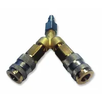 This manifold is designed for supplied-air respirator (SAR) systems, distributing breathing air from two cylinders to two workers. It features 1/4 in Hansen fittings and is suitable for industrial environments requiring continuous airflow for personnel safety