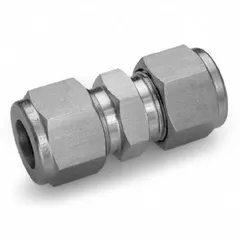 Nickel-copper alloy compression tube union for 1/2 in tube to 1/2 in tube connections. Rated for operating temperatures from -320°F to 500°F and a maximum pressure of 3,000 psi. Suitable for use in high-pressure fluid or gas systems requiring corrosion resistance.