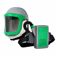 This belt-mount powered air-purifying respirator (PAPR) assembly includes the Z-Link respirator, 16-810 safety lens, 16-712 Face Seal Tychem QC, 04-831 breathing tube, and 03-801 PX5 PAPR blower with lithium-ion battery. Designed for industrial environments requiring respiratory protection against airborne particulates, vapors, and gases.