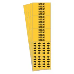 Yellow adhesive pipe markers with black 'Gasoline' legend and flow-direction arrows. Each pack contains 5 markers (3 markers per pack) for pipes with outer diameter 3/4 inch and smaller. Used to identify gasoline piping in industrial facilities.
