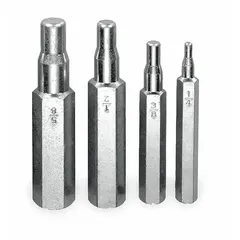 This hammer-driven tube swaging tool kit is used for expanding the ends of aluminum, brass, and copper tubing. It includes tools for 1/4 in, 3/8 in, 1/2 in, and 5/8 in tube sizes. Suitable for creating leak-proof joints in piping systems.