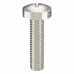 Pan head machine screws with M3x0.50 thread, 12 mm length, made of 18-8 stainless steel with plain finish. Phillips drive, #1 drive size. Supplied in a 100-pack. Used for fastening components into tapped holes or with nuts in general assembly applications.