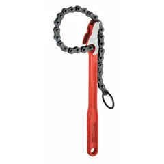 Single end chain tongs with a 12-inch chain and 12-inch handle, made from tempered steel. Designed for gripping and turning pipes, fittings, and round objects in plumbing, HVAC, and maintenance applications.