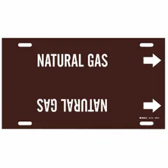 Snap-on pipe marker for identifying natural gas lines. Brown background with white legend and directional arrows. Fits pipe outside diameter of 8 to 9-7/8 inches. Single marker supplied.