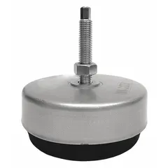 This vibration-damping male leveling mount features an M16 thread size and a 5.5-inch fixed stud. It has a nickel-plated finish, a round base, and a load capacity of 6,700 lb. A locking nut is included for secure installation. Commonly used for leveling and stabilizing industrial machinery while reducing vibration transmission.