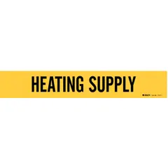 Yellow adhesive pipe marker with black legend reading 'Heating Supply', designed for pipe outer diameters from 2-1/2 to 7-7/8 inches. This single marker does not include directional arrows and is used to identify heating supply lines in industrial piping systems.