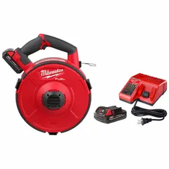 This M18-powered fish tape kit features a 120 ft steel tape for pulling wires through walls, conduits, and ceilings. The steel tape provides durability for navigating tight bends and long runs. Includes a 2 Ah battery.