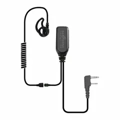 Earpiece with shirt/lapel microphone and single-wire earbud in black. Features Push To Talk button and Two Pin connector for use with Kenwood NX-340U series radios. Suitable for two-way radio communication in security, event, or industrial settings.
