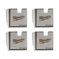 This set of four alloy steel dies cuts NPT right-hand threads on iron pipe. Designed for use with manual and handheld power threaders, it is suited for plumbing and industrial piping applications where 2 in pipe threading is required.