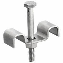 Clip for securing fiberglass grating panels to support structures. Made of 316 stainless steel for corrosion resistance. Fits grating with 1 1/2 in bearing bar spacing. Used in industrial environments where metal clips would corrode.