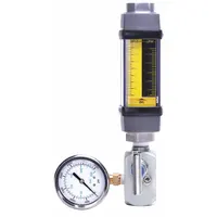 Variable area, inline flowmeter test kit for oils with scale display and +/-2% accuracy. Features Viton seals and O-rings, universal mounting orientation, and measures flow in liters. Suitable for field testing and maintenance of oil-based hydraulic and industrial systems