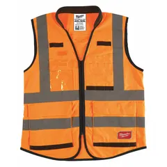 ANSI Class 2, Type R U-back safety vest in orange solid polyester, sized 4XL/5XL with zipper closure. Features a D-ring slot for fall protection, 10-15 pockets, mic tabs, and double horizontal silver reflective stripes. Designed for use in low-light or high-traffic environments where worker visibility and safety compliance are required.