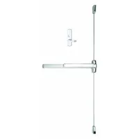 Surface-mounted vertical rod exit device with touchbar and lever trim, constructed from aluminum. Designed for doors up to 3 ft wide, providing latching for egress in commercial and industrial settings