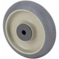 This wheel features a gray antimicrobial nonmarking rubber tread on a plastic core, with a 3-inch diameter and 1 1/4-inch width. Rated for 200 lb, it is suitable for light-duty industrial and institutional applications where hygiene and floor protection are required