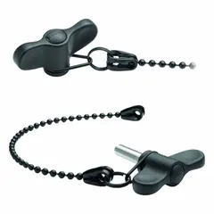 This wing knob features a threaded stud with M6 thread and 20 mm thread length. It includes a 200 mm nominal tether made of black POM-based technopolymer to prevent loss. The plastic construction provides corrosion resistance. Typical applications include securing panels, guards, or covers where the knob must remain attached.