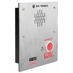 Emergency call box constructed from weather-resistant stainless steel with a silver finish. Includes a 12-button Braille keypad and two programmable auxiliary outputs for peripheral equipment control. Designed for flush mounting on surfaces in correctional and mental health facilities.