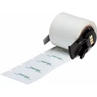 Polyester precut label roll in green/white, offered in 1 1/2 in x 3/4 in and 3/4 in x 1 1/2 in sizes. Features an acrylic adhesive and is halogen-free. Compatible with M710 printer series (with Media Adapter). Used for industrial identification and testing applications requiring halogen-free materials