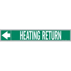 Green adhesive pipe markers with white legend text reading 'Heating Return' and directional arrows. Each roll contains 25 markers designed for pipes with an outer diameter of 1-1/2 to 2 inches. Used to identify heating return lines in piping systems.
