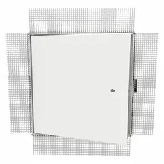 This locking access door is fabricated from steel with a white finish and a 16 ga frame. It features a concealed hinge and a plaster bead flange for ceiling mounting. The door provides secure access to mechanical, electrical, or plumbing systems behind finished ceilings in commercial and institutional buildings.