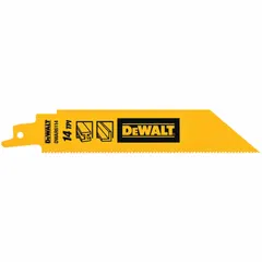 Bi-metal reciprocating saw blade with 14 teeth per inch for straight cuts in thin metal. Blade length 6 in, thickness 1 in. Suitable for cutting metal sheets, pipes, and profiles. Sold in a 5-pack.
