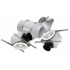 This inline duct fan kit is designed for general ventilation applications, moving air through 6-inch ductwork. It operates on 120V AC, single-phase power, with a single speed that is controllable. The thermoplastic housing and IP44 rating suit it for use in residential or light commercial spaces such as bathrooms, kitchens, or utility rooms. The kit includes two halogen light grilles.