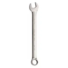 Alloy steel construction with satin finish. SAE 12-point offset design for access to fasteners in confined spaces. 2 1/2 in head size, 27 1/4 in overall length. Used for tightening and loosening bolts and nuts in industrial maintenance, automotive repair, and heavy equipment applications.