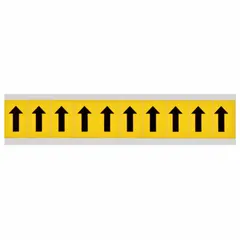Individual character arrow label with black Gothic arrow on yellow background. Non-reflective for indoor/outdoor use. Not self-spacing or aligning. Suitable for directional marking and identification in industrial facilities.