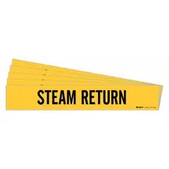 Yellow adhesive pipe marker with black legend text reading 'Steam Return'. Designed for pipes with outer diameter of 8 inches and larger. Pack of 5 markers without arrows. Used to identify steam return piping in industrial facilities.