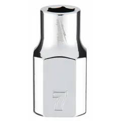 This 3/8 in drive, 7 mm, 6-point standard-depth socket is designed for use with metric hex fasteners. The anti-roll feature prevents the socket from rolling on sloped surfaces. Chrome finish provides corrosion resistance. Suitable for automotive repair, machinery maintenance, and general assembly tasks.