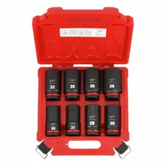 This metric impact socket set includes eight sockets: 26mm, 27mm, 29mm, 30mm, 32mm, 35mm, 36mm, and 38mm, with a 3/4 in drive. Friction retention design secures sockets on impact wrenches. Suitable for heavy-duty fastening on industrial equipment, automotive repair, and construction machinery.