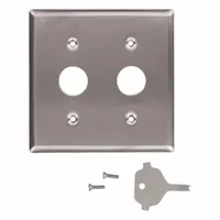 This LEVITON wall plate is a 2-gang, standard-size tamper-resistant cover made of stainless steel with a silver finish. It is designed for standard electrical box configurations to protect outlets or switches