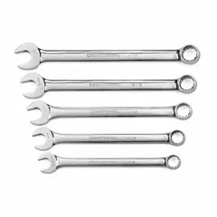 This 5-piece SAE 12-point combination wrench set is constructed from alloy steel with a full polish chrome finish. The non-ratcheting, standard configuration wrenches provide a secure grip on hex fasteners. Suitable for tightening and loosening SAE nuts and bolts in automotive repair, equipment maintenance, and general mechanical work.