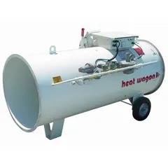 This direct-fired portable gas torpedo heater delivers 2,000,000 BtuH heating capacity output using natural gas. It includes a flame-out sensor for safety and measures 46 in x 32 in x 72 in overall. Suitable for temporary or supplemental heating in large industrial, construction, and warehouse spaces.