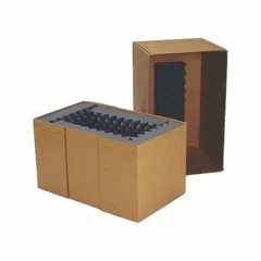 Fast Pack shipping box with foam for packing and shipping items. Brown corrugated board rated V13C. Meets PPP-F-320, TYPE CF, CLASS WEATHER RESISTANT standards. Suitable for protecting contents during transit.