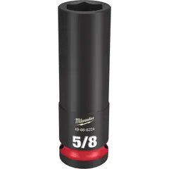 This 1/2" drive deep impact socket features a 5/8 in SAE 6-point design with friction retention. The deep profile allows access to recessed fasteners. Black phosphate finish provides corrosion resistance. Suitable for use with impact wrenches in automotive and industrial fastening applications.