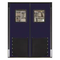 Two-door insulated swinging door in blue polyethylene with a 6 ft width and 7 ft height. Includes a polycarbonate window, door seals, bumpers, and mounting hardware. Meets USDA standards for use in cold storage, food processing, and industrial facilities requiring temperature control and sanitation.