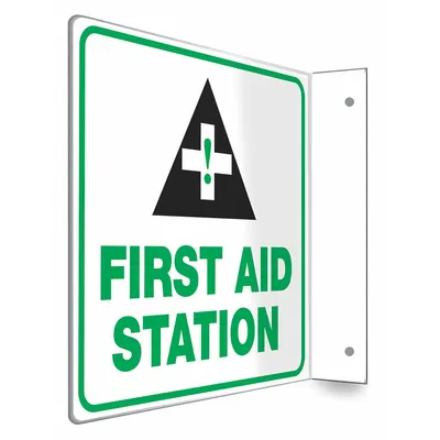 CONDOR Safety Sign: PETG, Mounting Holes Sign Mounting, 8 in x 8 in Nominal Sign Size - L-Shape Projection First Aid Station Signs
