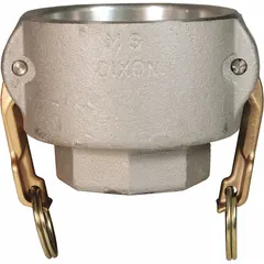 Type D aluminum cam and groove coupling with 1 in -11-1/2 FNPT threads and nitrile gasket. Designed for quick-connect hose and pipe connections in fluid transfer systems. Suitable for water, oil, and chemical handling applications.