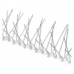 Bird spikes designed to deter pigeons from landing on ledges, roofs, and other building surfaces. Features a plastic base with stainless steel spikes, standard ledge width, overall length of 25 ft, and overall width of 5 in. Suitable for commercial and industrial facilities seeking humane bird control.