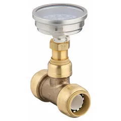 This brass push-to-connect tee fitting allows installation of a temperature gauge into a 1/2 in OD tubing system without soldering or special tools. It is suitable for use with copper, PEX, or CPVC tubing in HVAC, plumbing, and process monitoring applications.