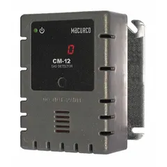 The MACURCO CM-12 is a cETLus Certified stand-alone carbon monoxide detector and controller with a digital display. It operates on line voltage (100 to 240V AC) and measures CO from 0 to 200 ppm. Designed for wall mounting, it is suitable for commercial environments requiring continuous CO monitoring and alarm triggering.