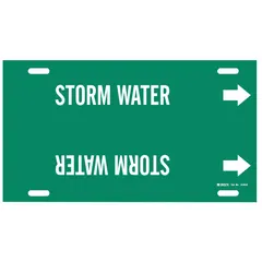 Green strap-on pipe marker with white 'Storm Water' legend and directional arrows. Fits pipe outer diameters from 8 to 9-7/8 inches. Used to identify storm water lines in piping systems for facility maintenance and safety.