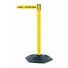 Yellow plastic post with black rubber base and retractable yellow belt printed with 'Caution Do Not Enter'. Belt extends to 7 1/2 ft. Used to cordon off restricted areas and guide pedestrian traffic in industrial facilities, warehouses, and public spaces.