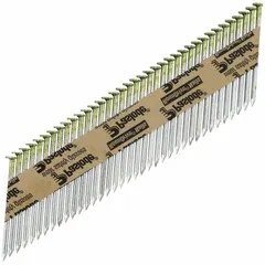 Collated framing nails for use with compatible pneumatic nailers. 2-3/8" length, offset round head, smooth shank, galvanized steel, diamond point. Pack of 2,000.