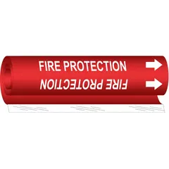 Wrap-around pipe marker with red background and white legend reading 'Fire Protection'. Fits pipe outer diameters from 2-1/2 to 7-7/8 inches. Includes directional arrows. Used to identify fire suppression piping in industrial, commercial, and institutional facilities.