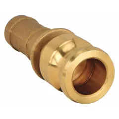 This Type E forged brass cam and groove adapter has a 3 in coupling size and 3 in hose fitting size, with an overall length of 6 15/32 in. It is used to connect hoses to pipes or equipment in fluid transfer systems, providing a quick and secure connection.